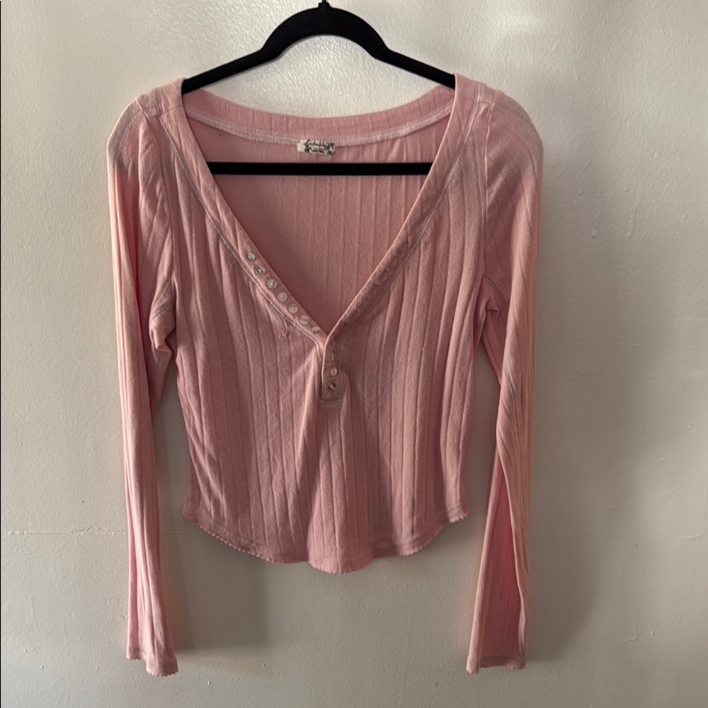 Free People Pink Ribbed Buttoned Blouse
